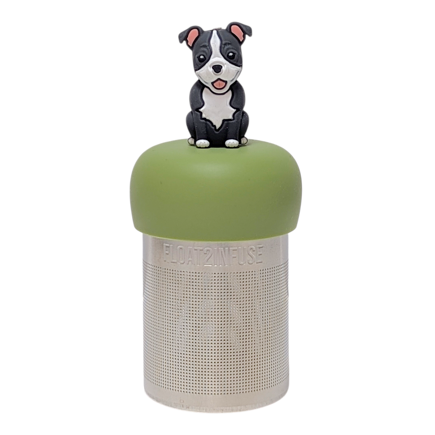 Dark gray Pitbull puppy animal tea infuser  for loose leaf tea with a fine mesh stainless steel tea strainer that reads FLOAT2INFUSE on a green base with a white background