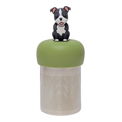Dark gray Pitbull puppy animal tea infuser  for loose leaf tea with a fine mesh stainless steel tea strainer that reads FLOAT2INFUSE on a green base with a white background