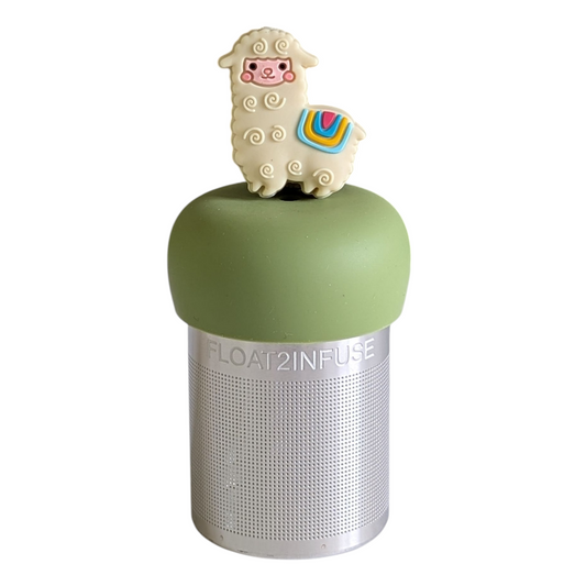 alpaca animal with a colorful blanket tea infuser for loose leaf tea with a fine mesh stainless steel tea strainer that reads FLOAT2INFUSE on a green base with a white background