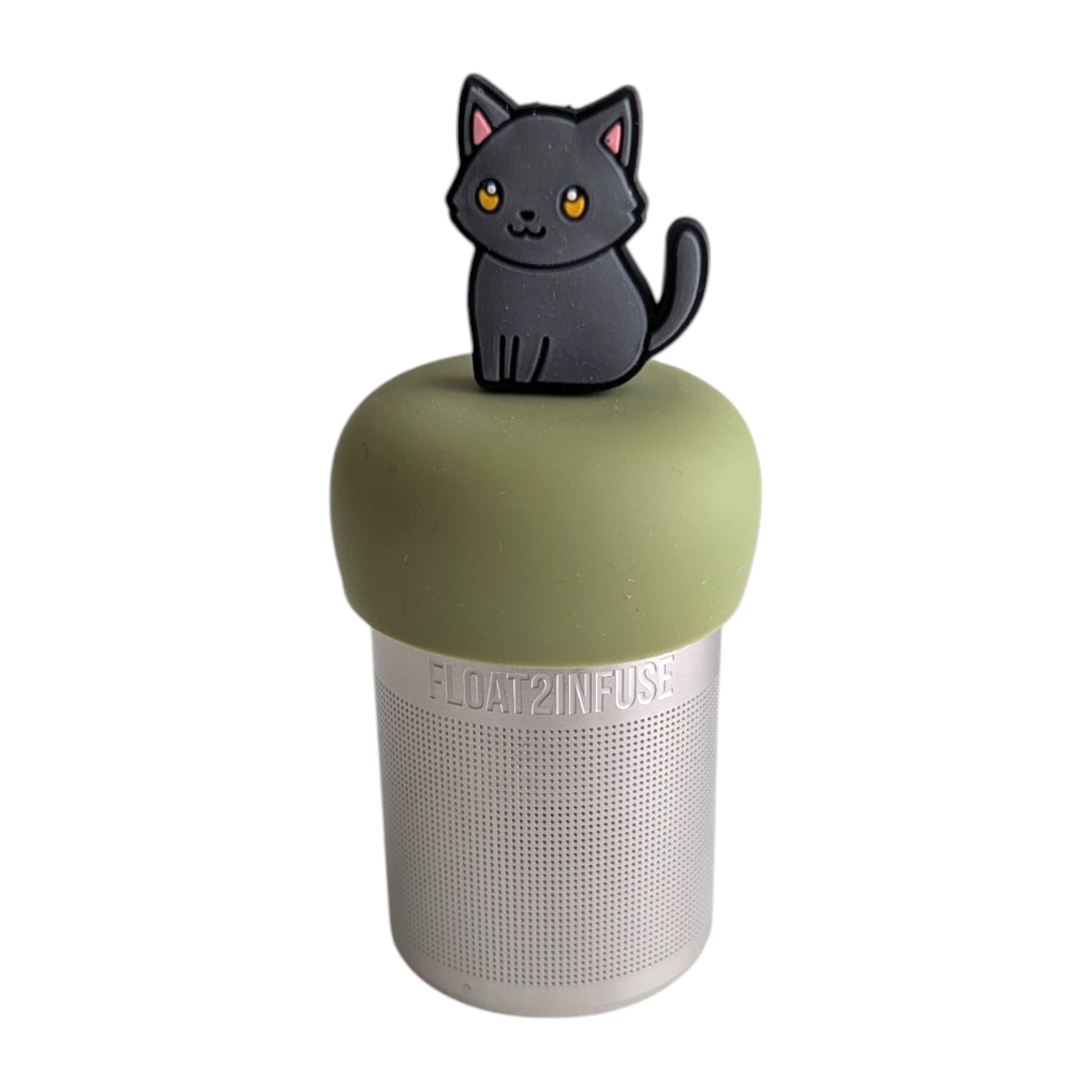 Solid grey anime cat on tea infuser for loose leaf tea  with a fine mesh stainless steel tea infuser that reads FLOAT2INFUSE on a green base with a white background