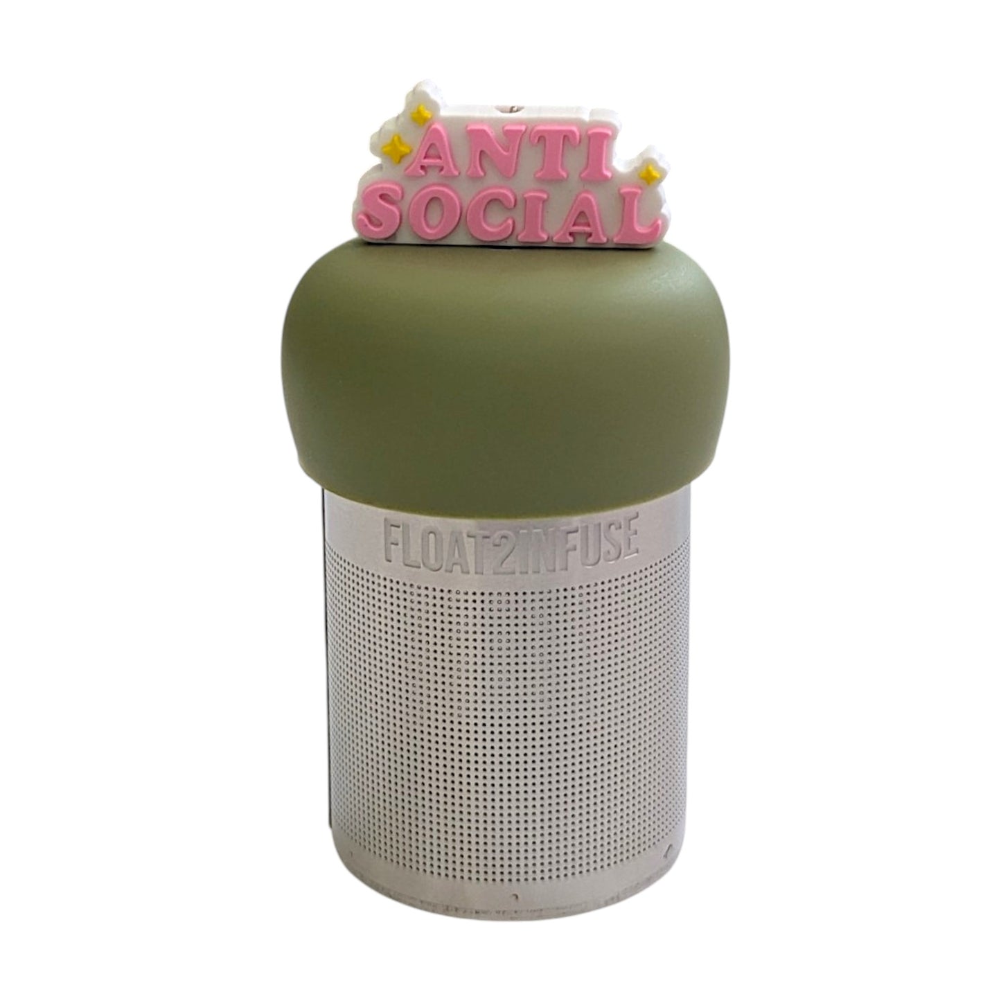 Pink text reads "antisocial" with yellow stars and white outline tea infuser for loose leaf tea with a fine mesh stainless steel tea strainer that reads FLOAT2INFUSE on a green base with a white background
