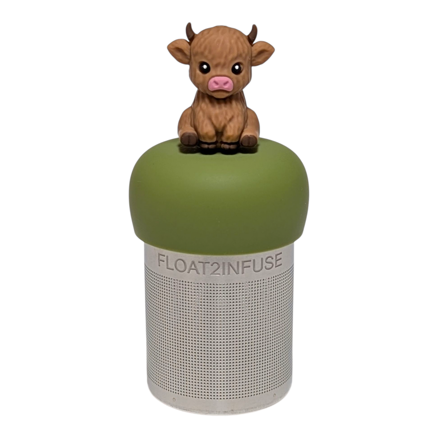 light brown baby cow tea infuser for loose leaf tea with a fine mesh stainless steel tea strainer  that reads FLOAT2INFUSE on a green base with a white background