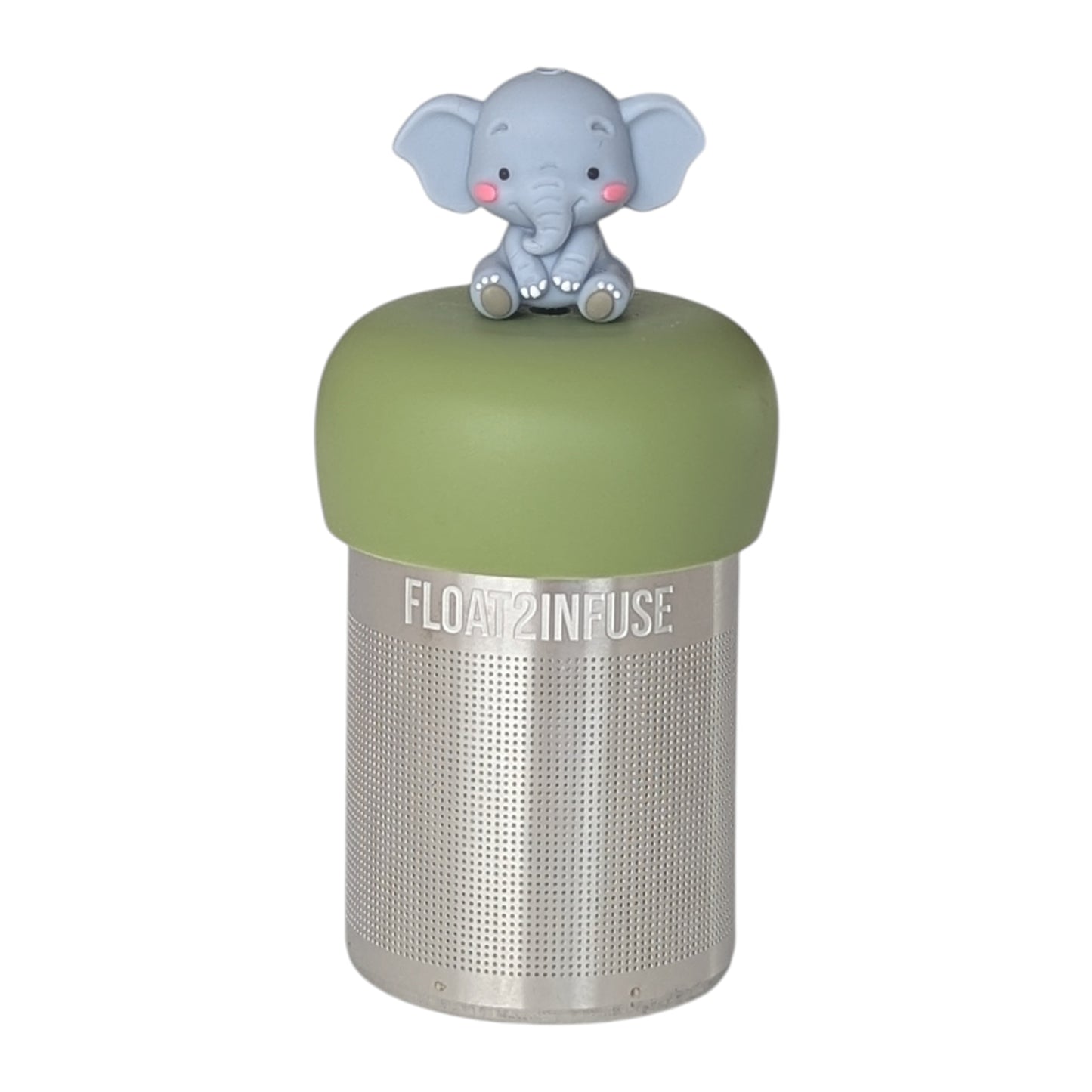 Gray baby elephant tea infuser  for loose leaf tea with a fine mesh stainless steel tea strainer that reads FLOAT2INFUSE on a green base with a white background