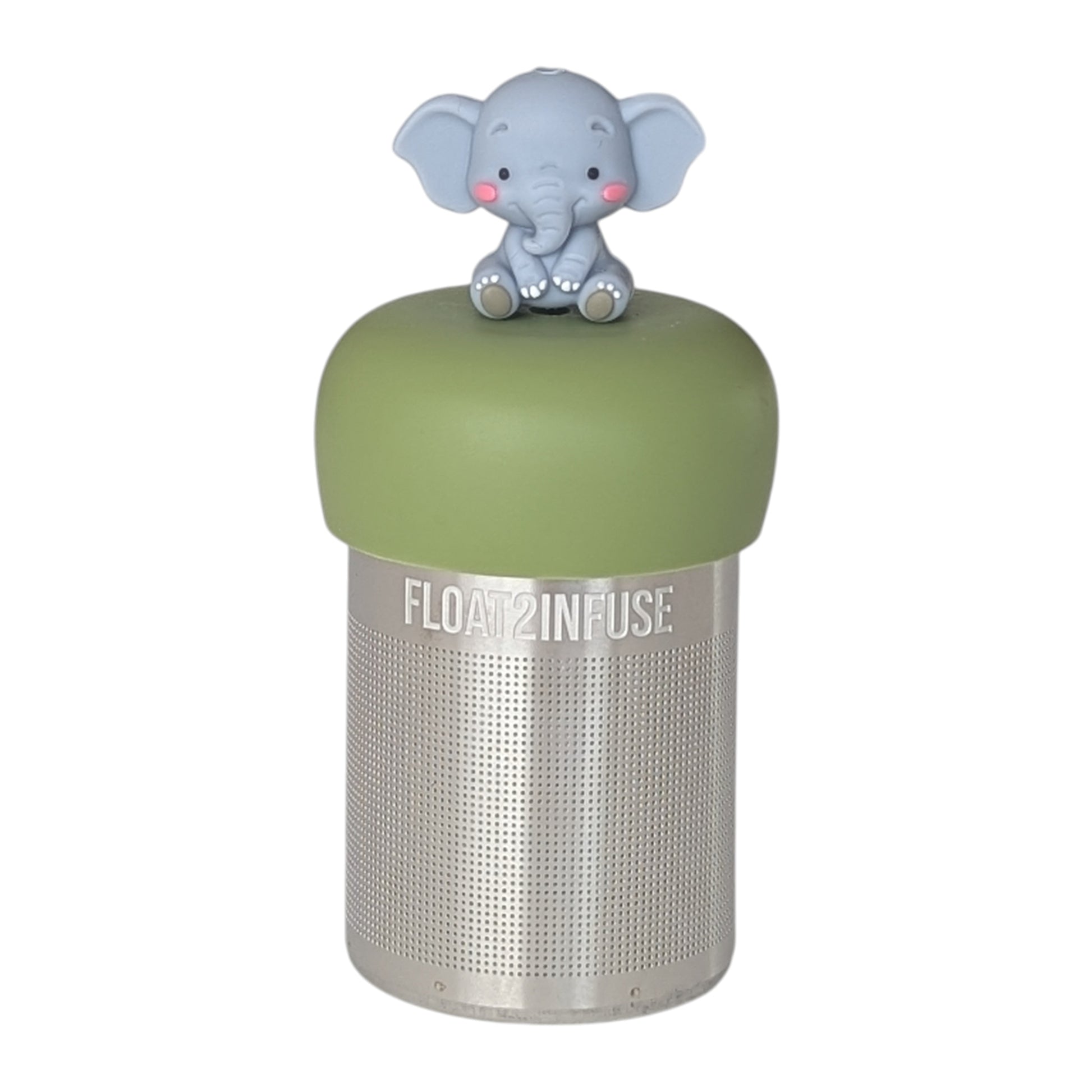 Gray baby elephant tea infuser  for loose leaf tea with a fine mesh stainless steel tea strainer that reads FLOAT2INFUSE on a green base with a white background