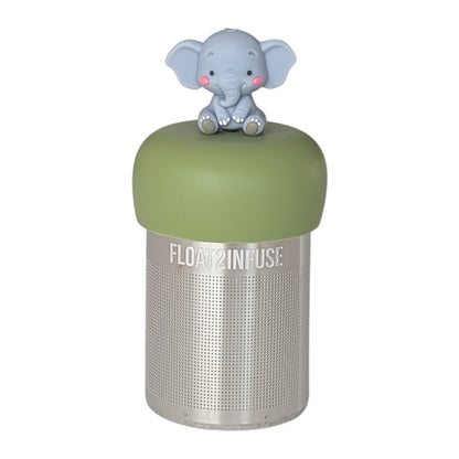 Gray baby elephant tea infuser  for loose leaf tea with a fine mesh stainless steel tea strainer that reads FLOAT2INFUSE on a green base with a white background