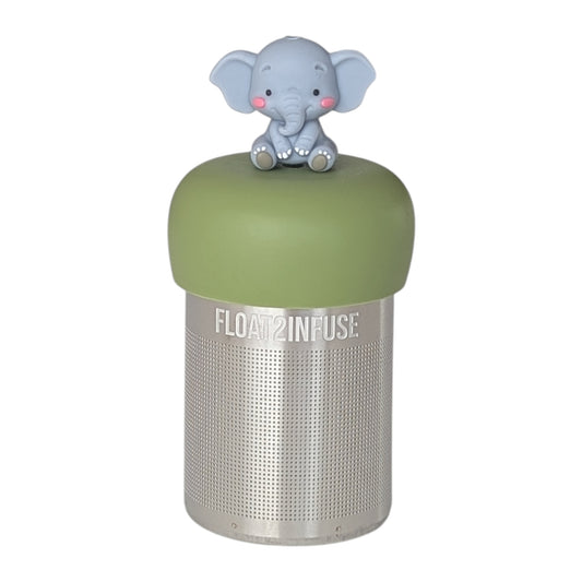 Gray baby elephant tea infuser  for loose leaf tea with a fine mesh stainless steel tea strainer that reads FLOAT2INFUSE on a green base with a white background