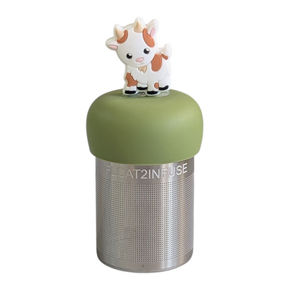 happy brown and white goat tea infuser  for loose leaf tea with fine mesh stainless steel tea strainer that reads FLOAT2INFUSE on a green base with white background
