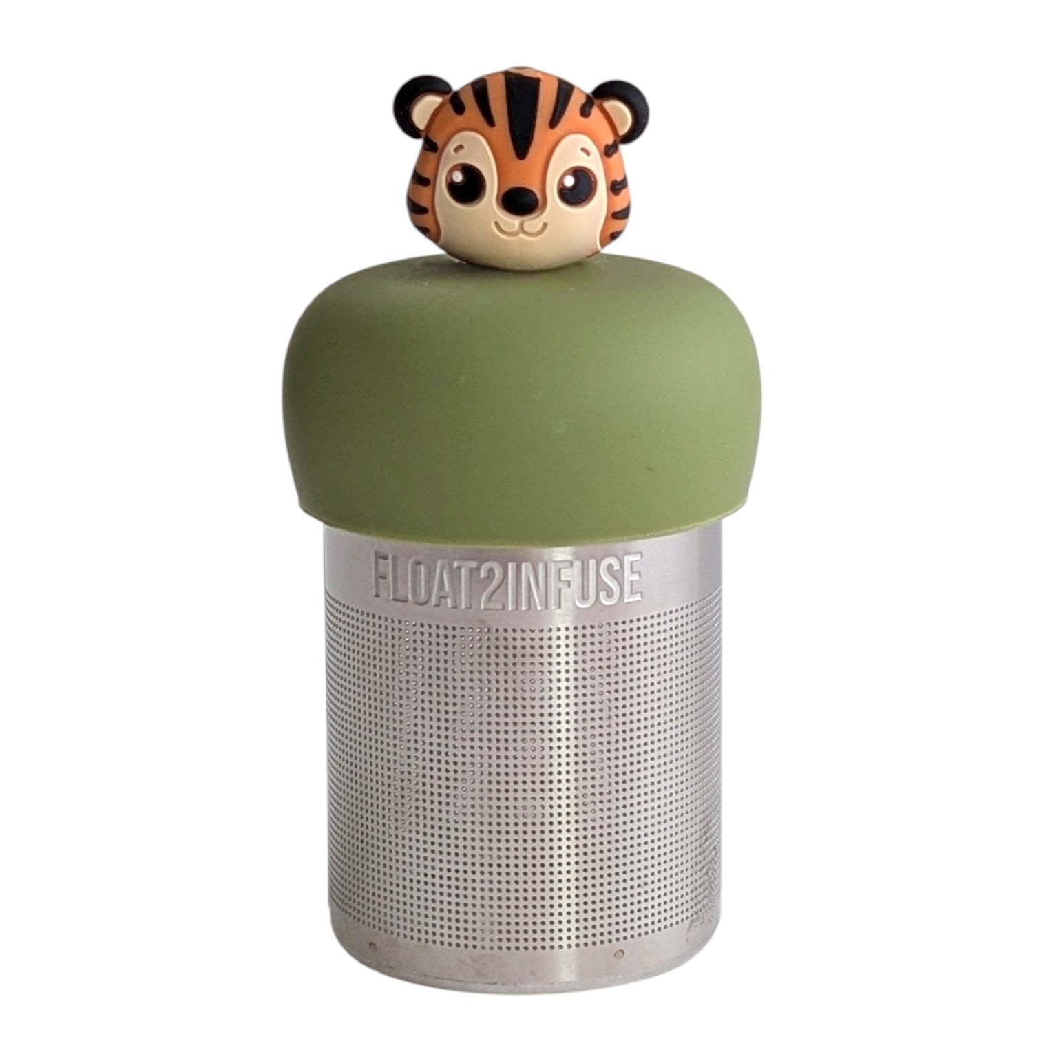 baby tiger tea infuser with a fine mesh stainless steel tea strainer that says FLOAT2infuse with a white background 