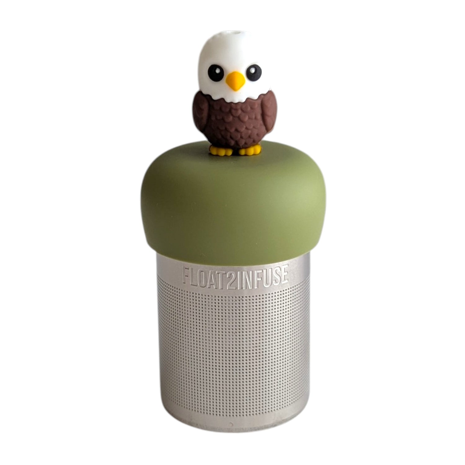 Cute bald eagle tea infuser for loose leaf tea with a fine mesh stainless steel tea strainer that reads FLOAT2INFUSE on a green base with a white background