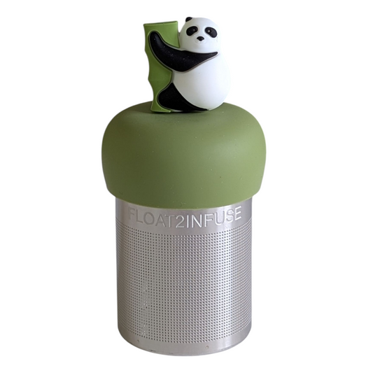 black and white panda climbing green bamboo for loose leaf tea with fine mesh stainless steel tea strainer that reads FLOAT2INFUSE on a green base with a white background