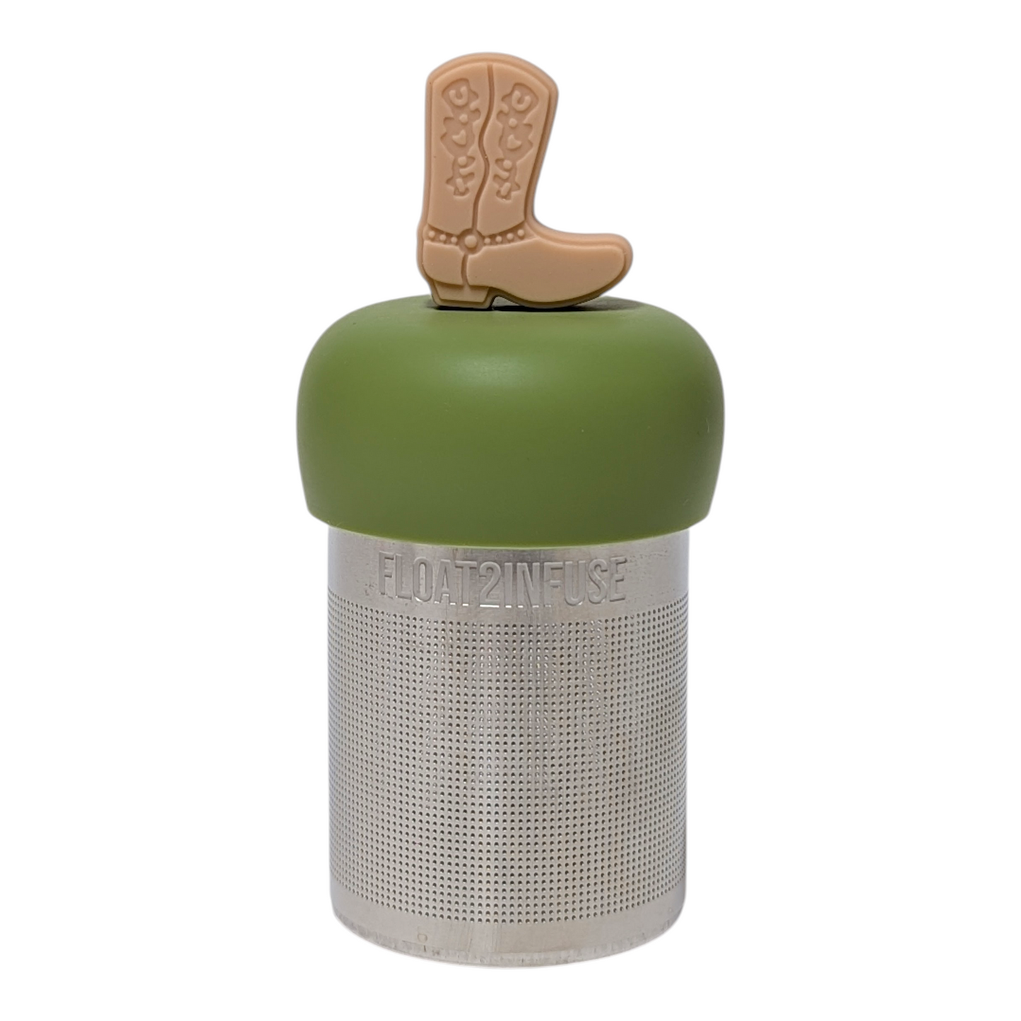 Beige cowboy boot tea infuser  for loose leaf tea with a fine mesh stainless steel tea strainer that reads FLOAT2INFUSE on a green base with a white background