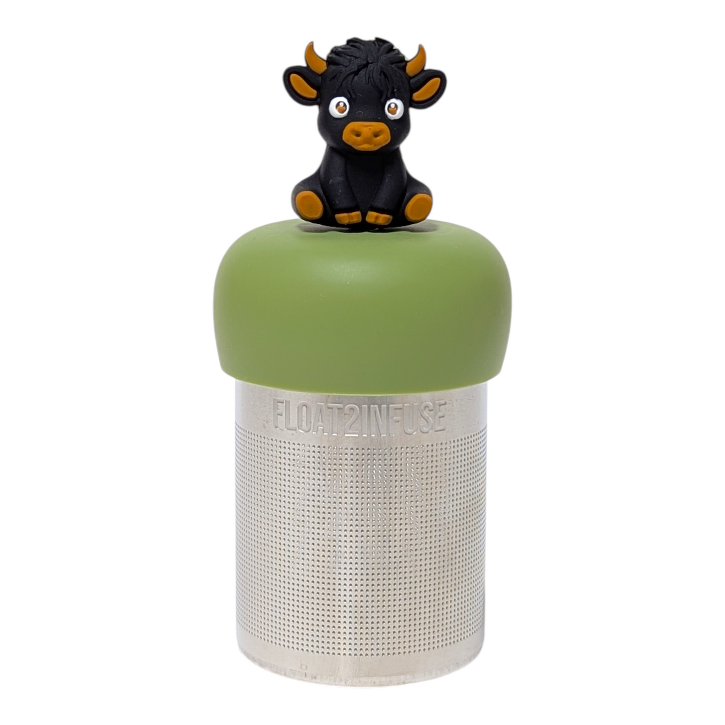 Black highland cow with some brown tea infuser  for loose leaf tea with a fine mesh stainless steel tea strainer that reads FLOAT2INFUSE on a green base with a white background