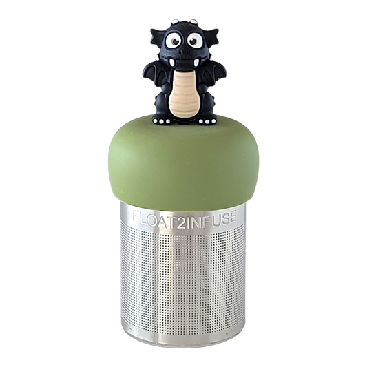 black dragon tea infuser  for loose leaf tea with fine mesh stainless steel tea strainer that reads FLOAT2INFUSE on a green base with a white background