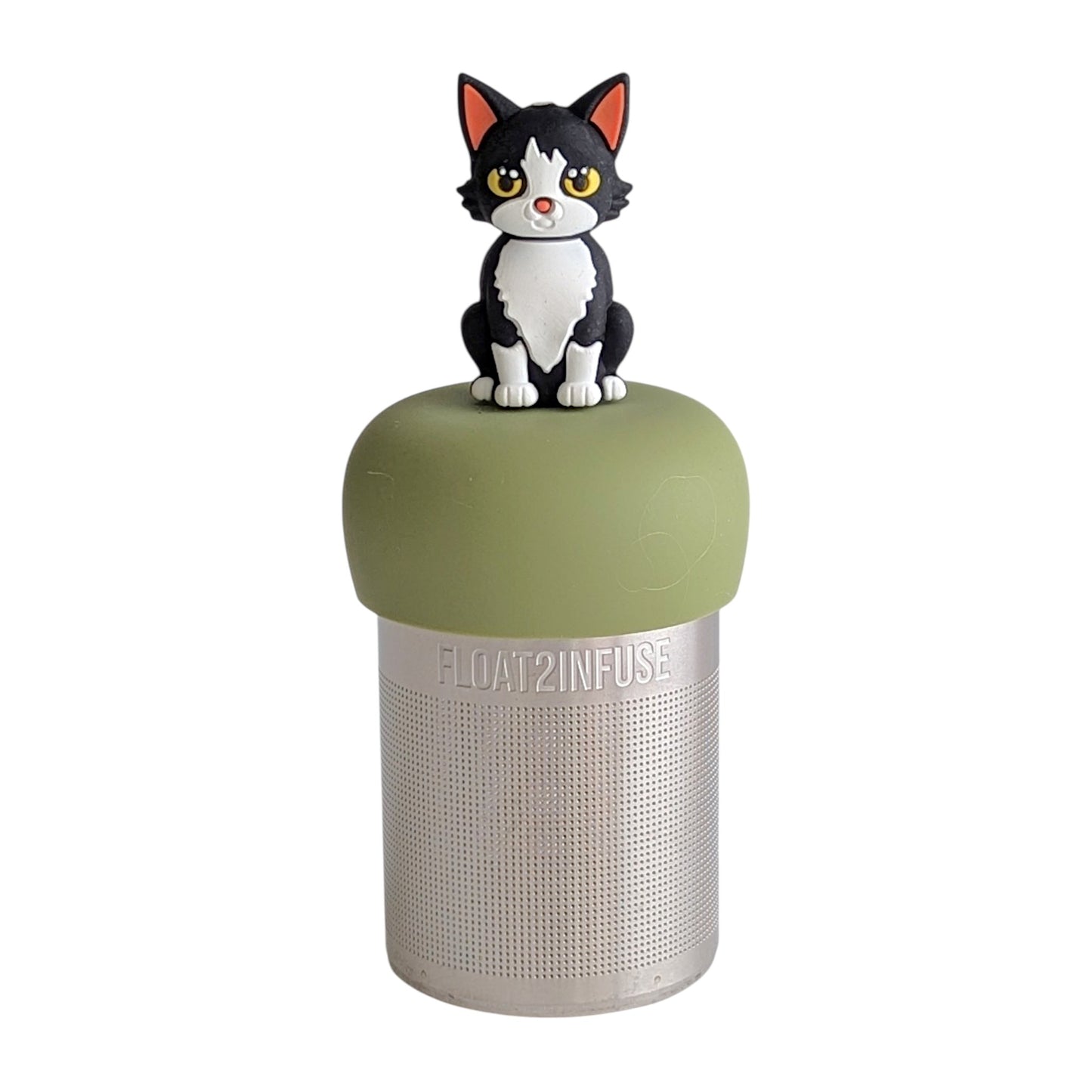 black and white cat tea infuser for loose leaf tea with a fine mesh stainless steel tea strainer 
that reads FLOAT2INFUSE on a green base with a white background
