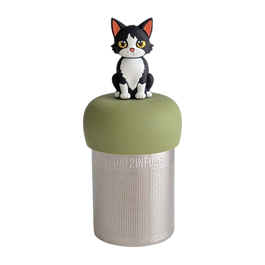 black and white cat tea infuser for loose leaf tea with a fine mesh stainless steel tea strainer 
that reads FLOAT2INFUSE on a green base with a white background
