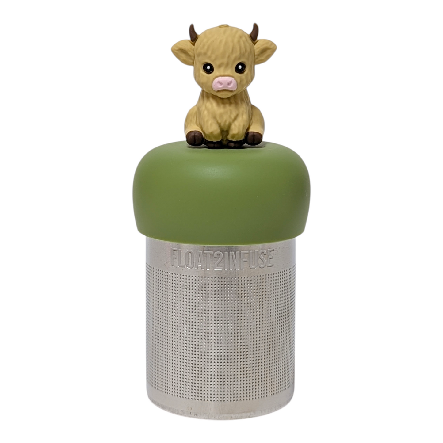 Blonde baby cow tea infuser with a green base for loose leaf tea with a fine mesh stainless steel tea strainer that reads FLOAT2INFUSE with a white background