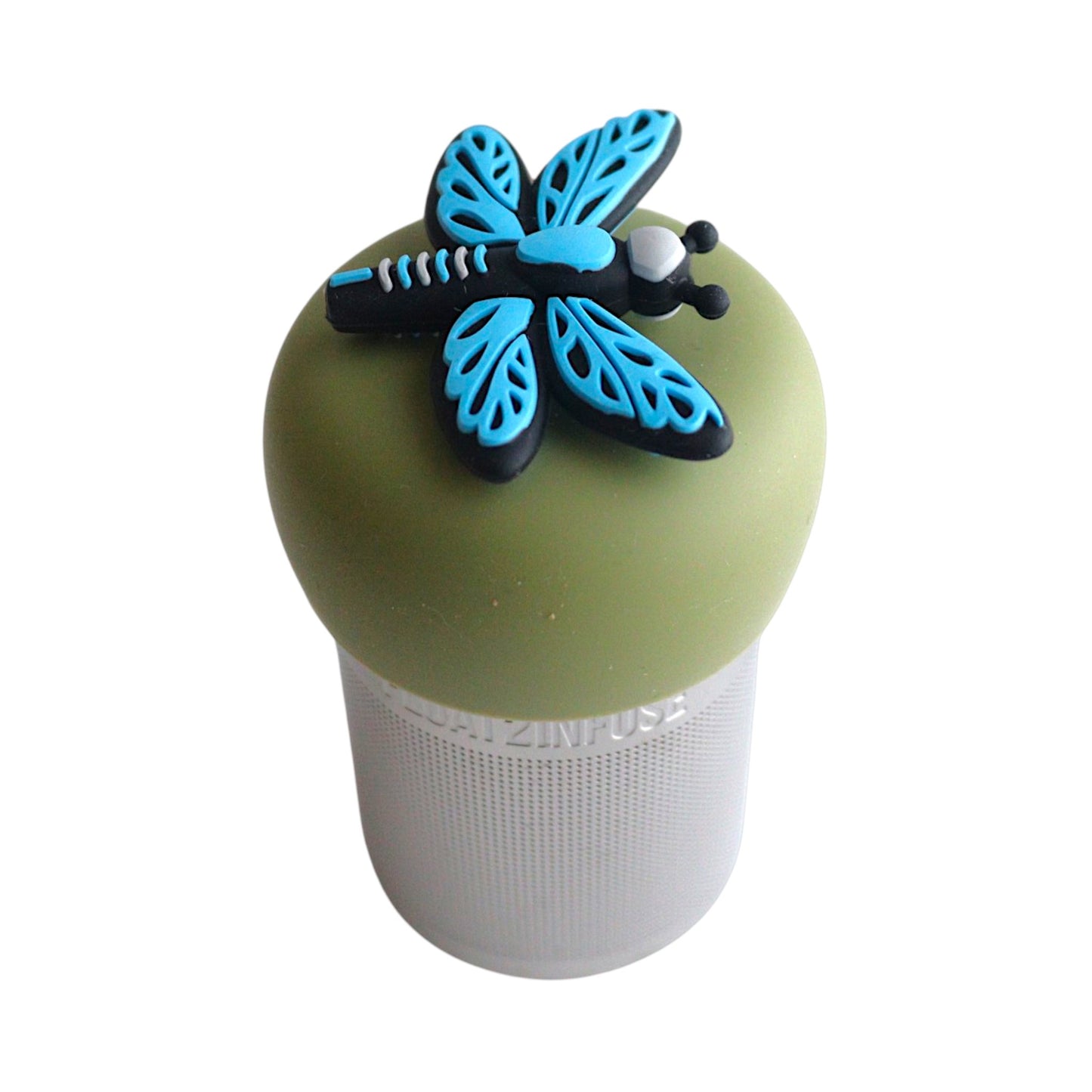 Blue dragonfly tea infuser for loose leaf tea with a fine mesh stainless steel tea strainer 
that reads FLOAT2INFUSE on a green base with a white background