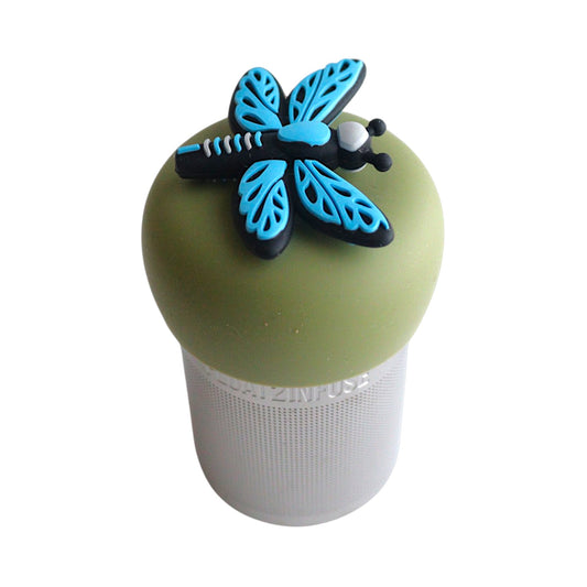 Blue dragonfly tea infuser for loose leaf tea with a fine mesh stainless steel tea strainer 
that reads FLOAT2INFUSE on a green base with a white background