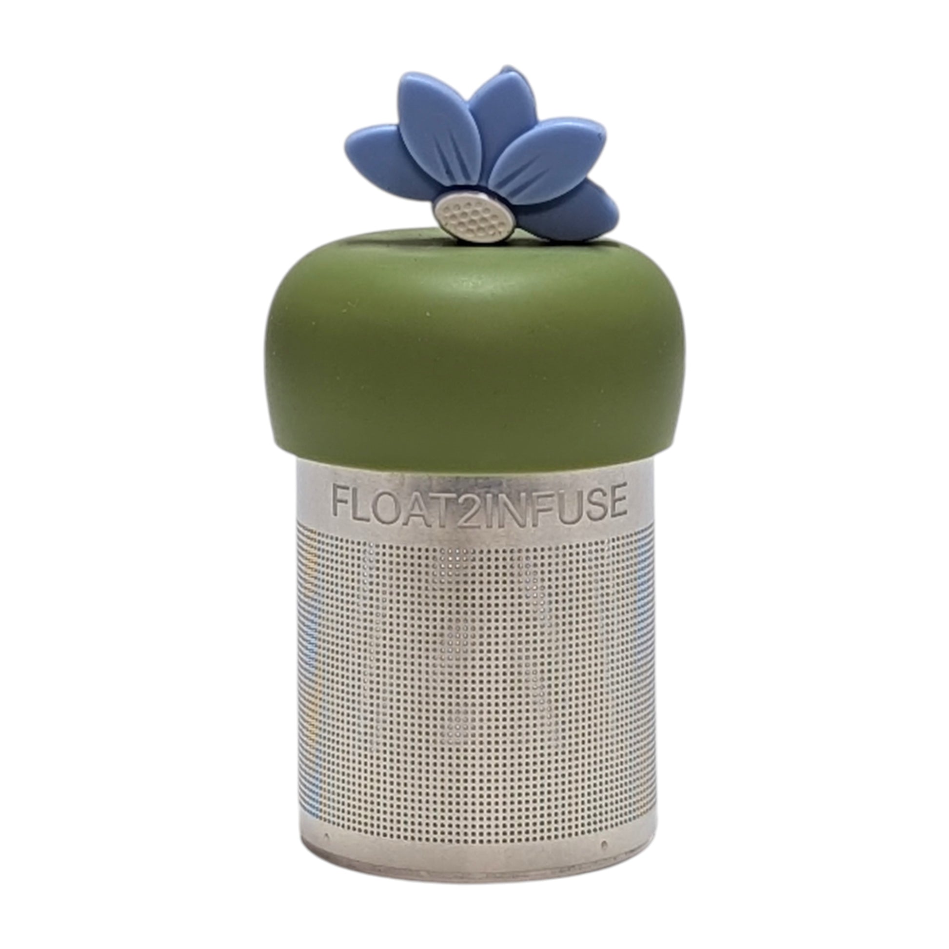Light blue lotus flower tea infuser  for loose leaf tea with a fine mesh stainless steel tea strainer that reads FLOAT2INFUSE on a green base with a white background
