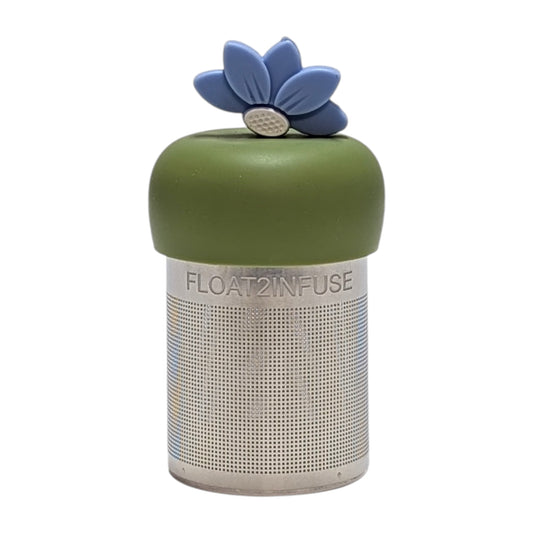 Light blue lotus flower tea infuser  for loose leaf tea with a fine mesh stainless steel tea strainer that reads FLOAT2INFUSE on a green base with a white background