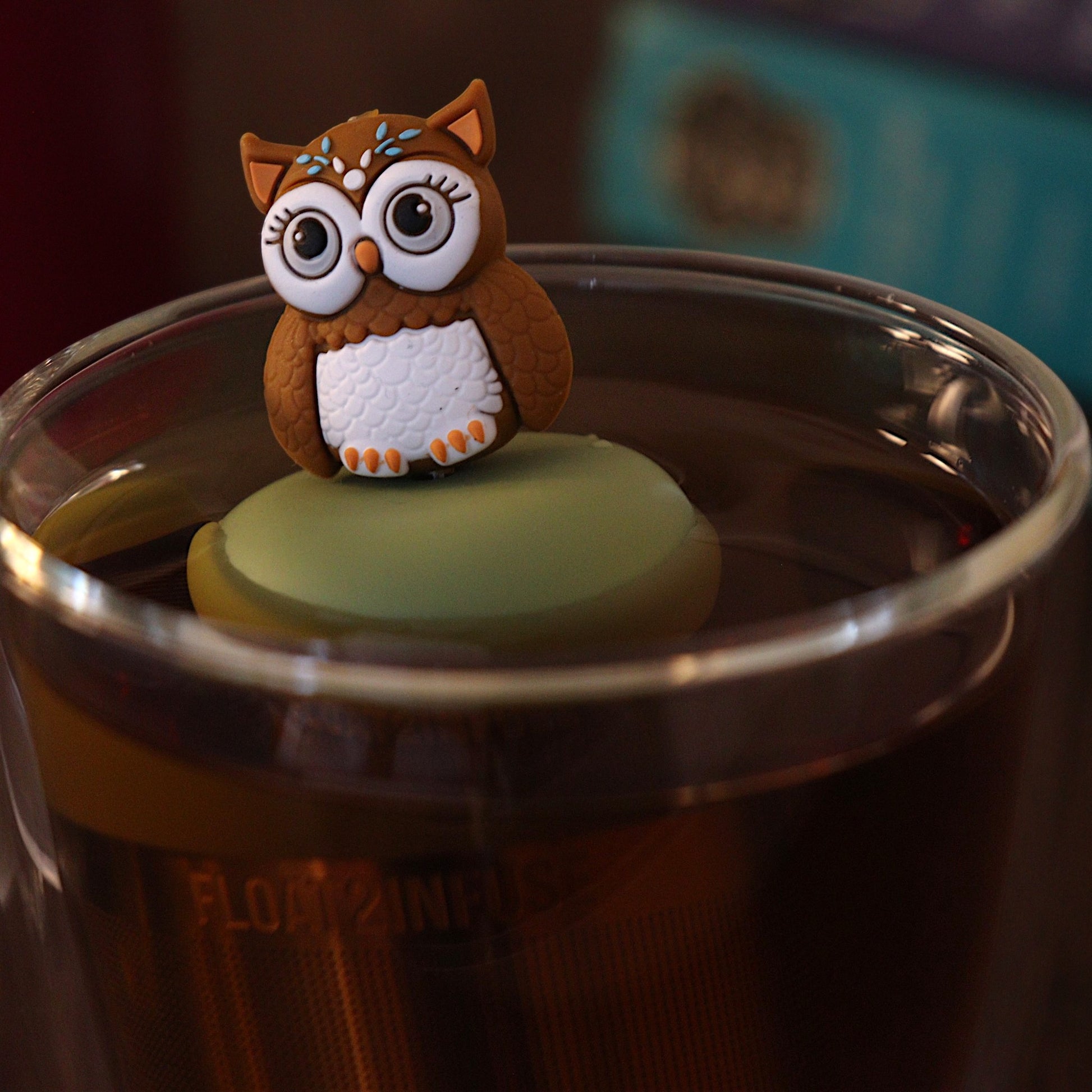 Cute boho brown owl infuser for loose leaf tea with a fine mesh stainless steel tea strainer 
that reads FLOAT2INFUSE on a green base with a tea canister and books in the background