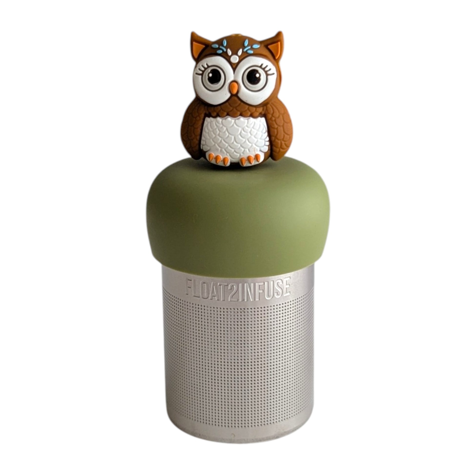Cute boho brown owl infuser for loose leaf tea with a fine mesh stainless steel tea strainer 
that reads FLOAT2INFUSE on a green base with a white background