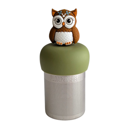 Cute boho brown owl infuser for loose leaf tea with a fine mesh stainless steel tea strainer 
that reads FLOAT2INFUSE on a green base with a white background