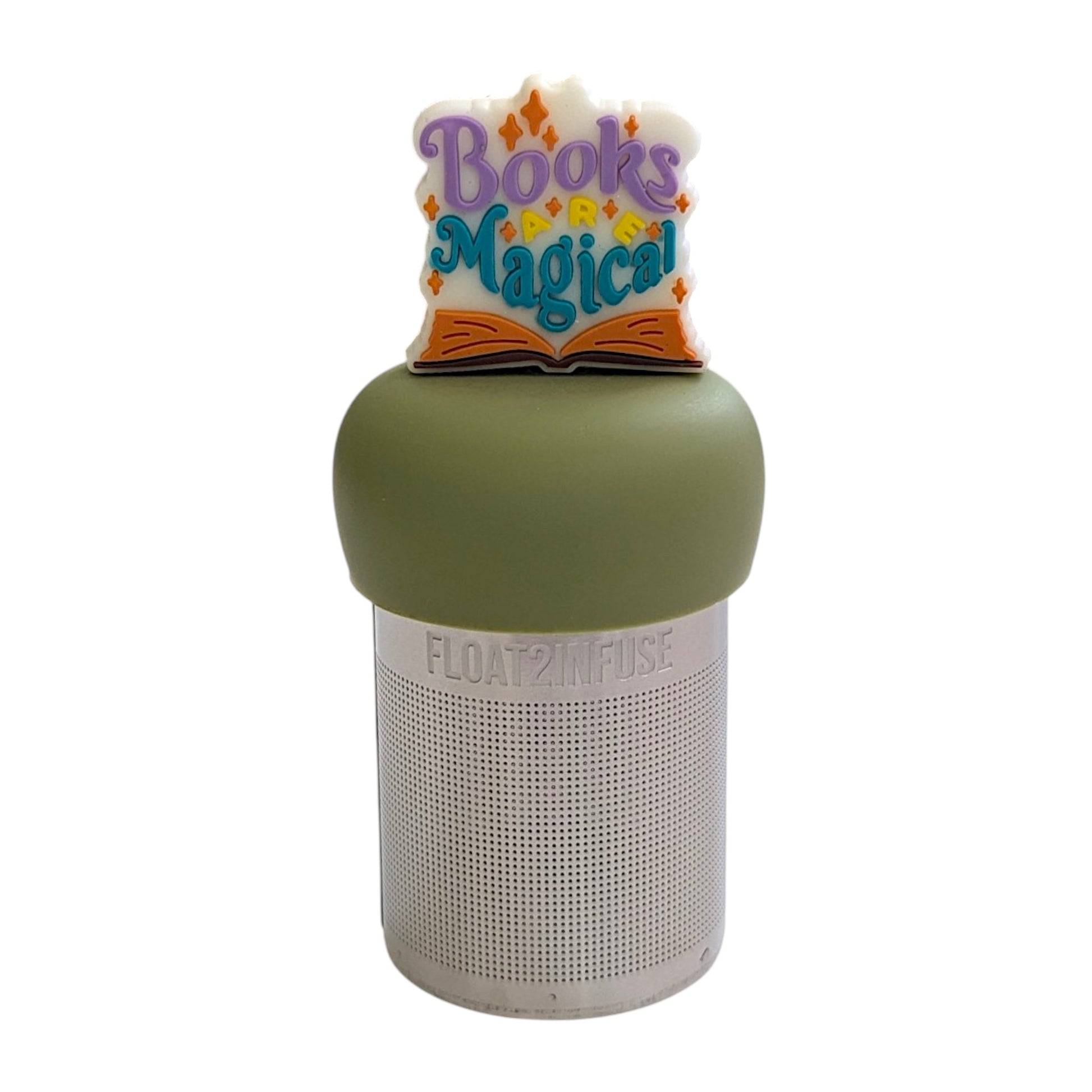 Open book with text "books are magical" in bright colors tea infuser for loose leaf tea with a fine mesh stainless steel tea strainer that reads FLOAT2INFUSE on a green base with a white background