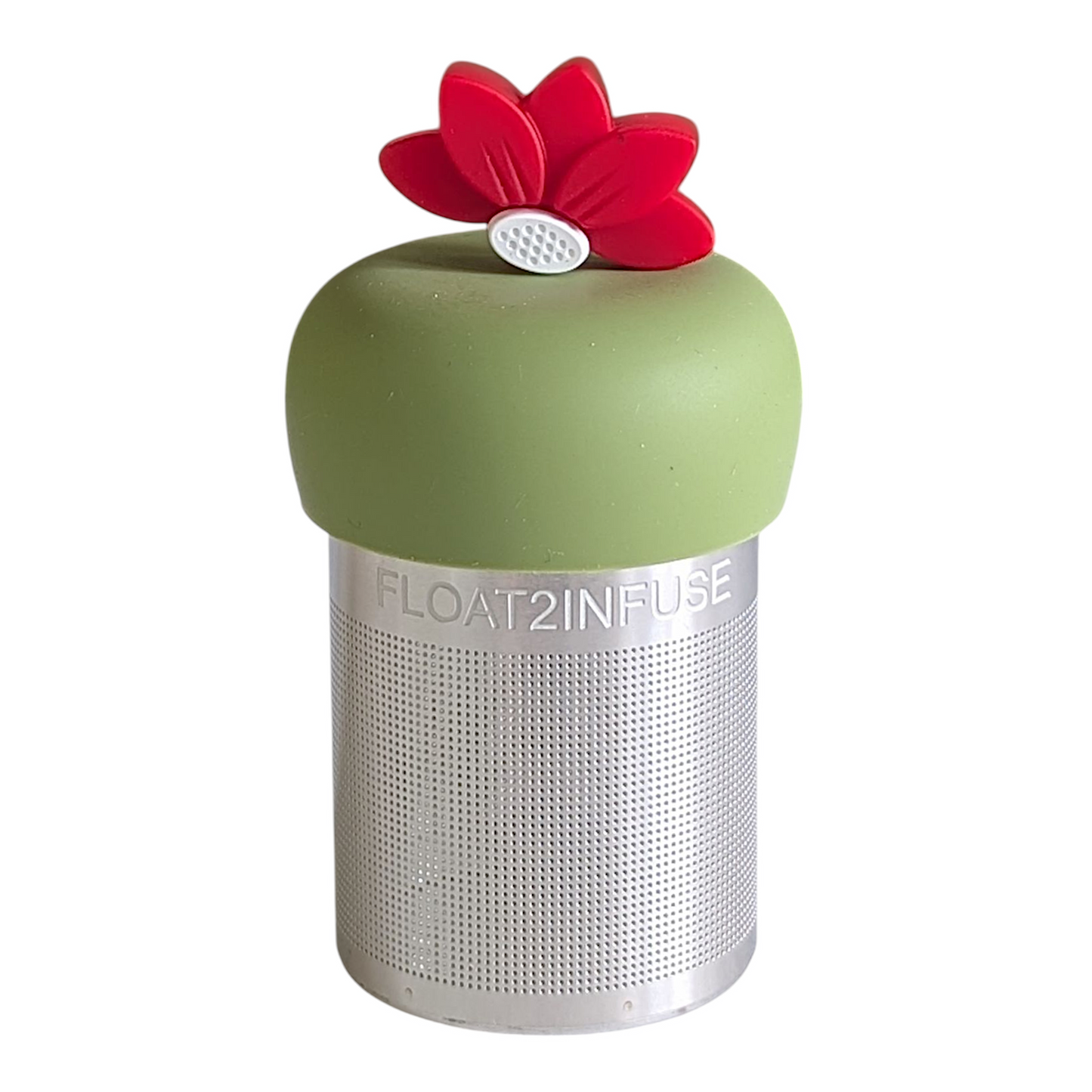 red lotus flower tea infuser for loose leaf tea with a fine mesh stainless steel tea strainer that reads FLOAT2INFUSE on a green base with a white background