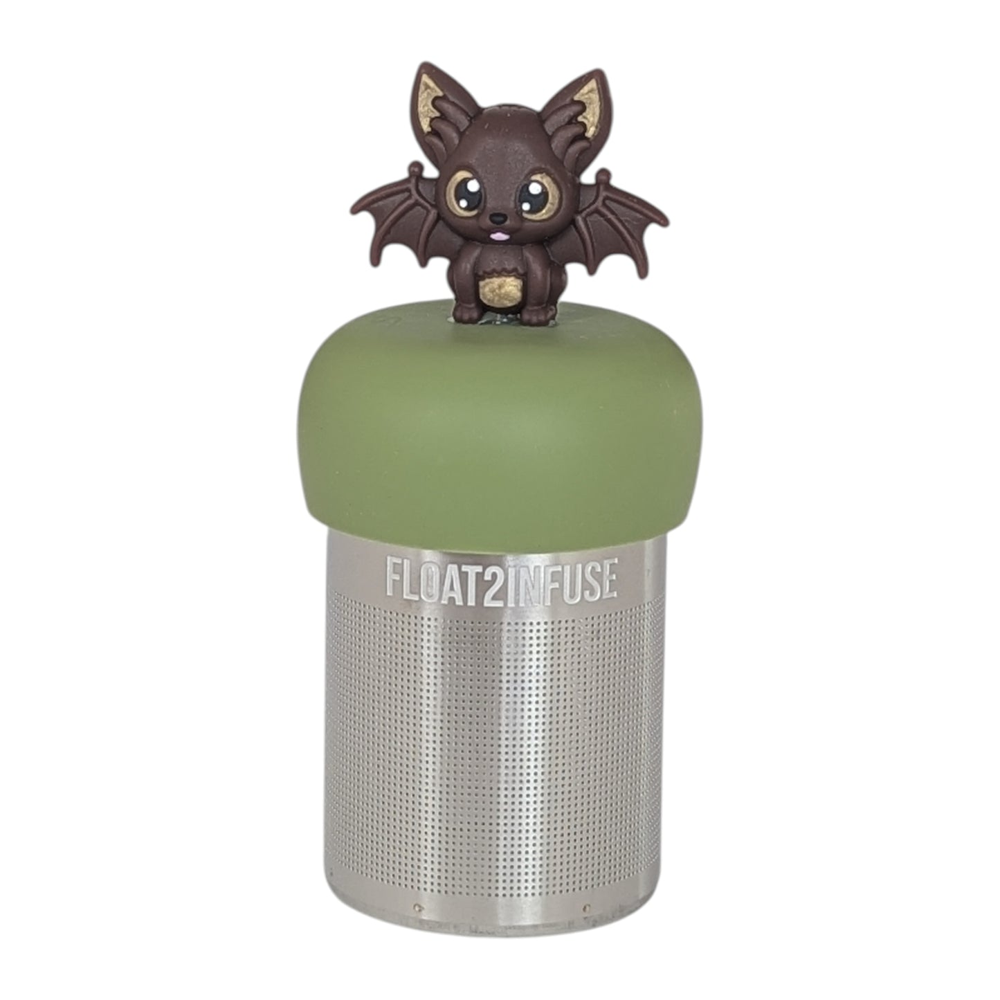 Brown bat tea infuser  for loose leaf tea with a fine mesh stainless steel tea strainer that reads FLOAT2INFUSE on a green base with a white background