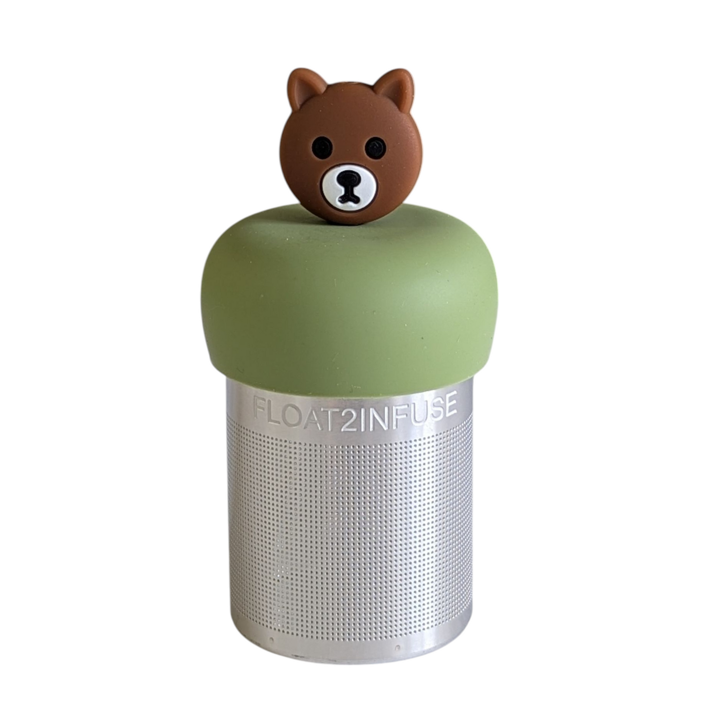 brown bear tea infuser for loose leaf tea with a fine mesh stainless steel tea strainer that reads FLOAT2INFUSE on a green base with a white background