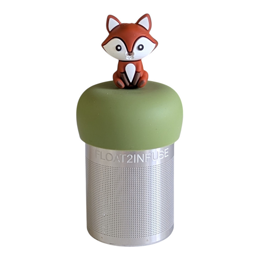 brown fox animal tea infuser for loose leaf tea with a fine mesh stainless steel tea strainer that reads FLOAT2INFUSE on a green base with a white background