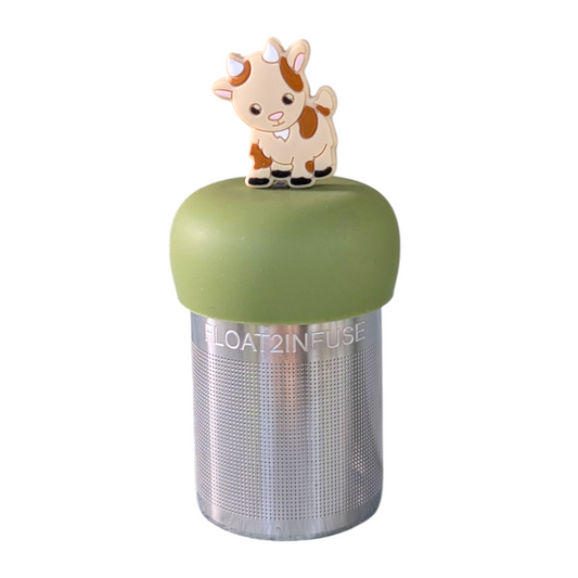 Brown and beige goat tea infuser for loose leaf tea with a fine mesh stainless steel tea strainer that reads FLOAT2INFUSE on a green base  with a white background