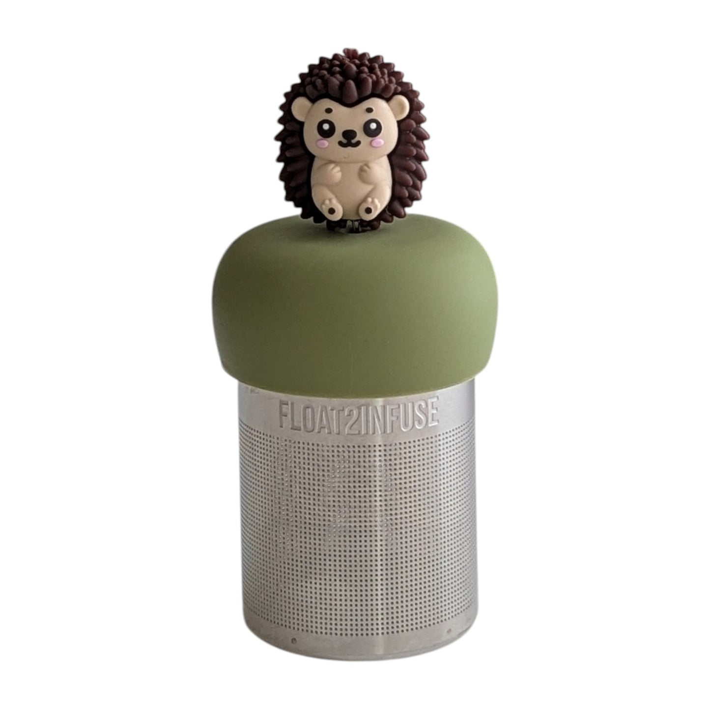 Hedgehog animal tea infuser for loose leaf tea  with a fine mesh stainless steel tea strainer that reads FLOAT2INFUSE on a green base with a white background