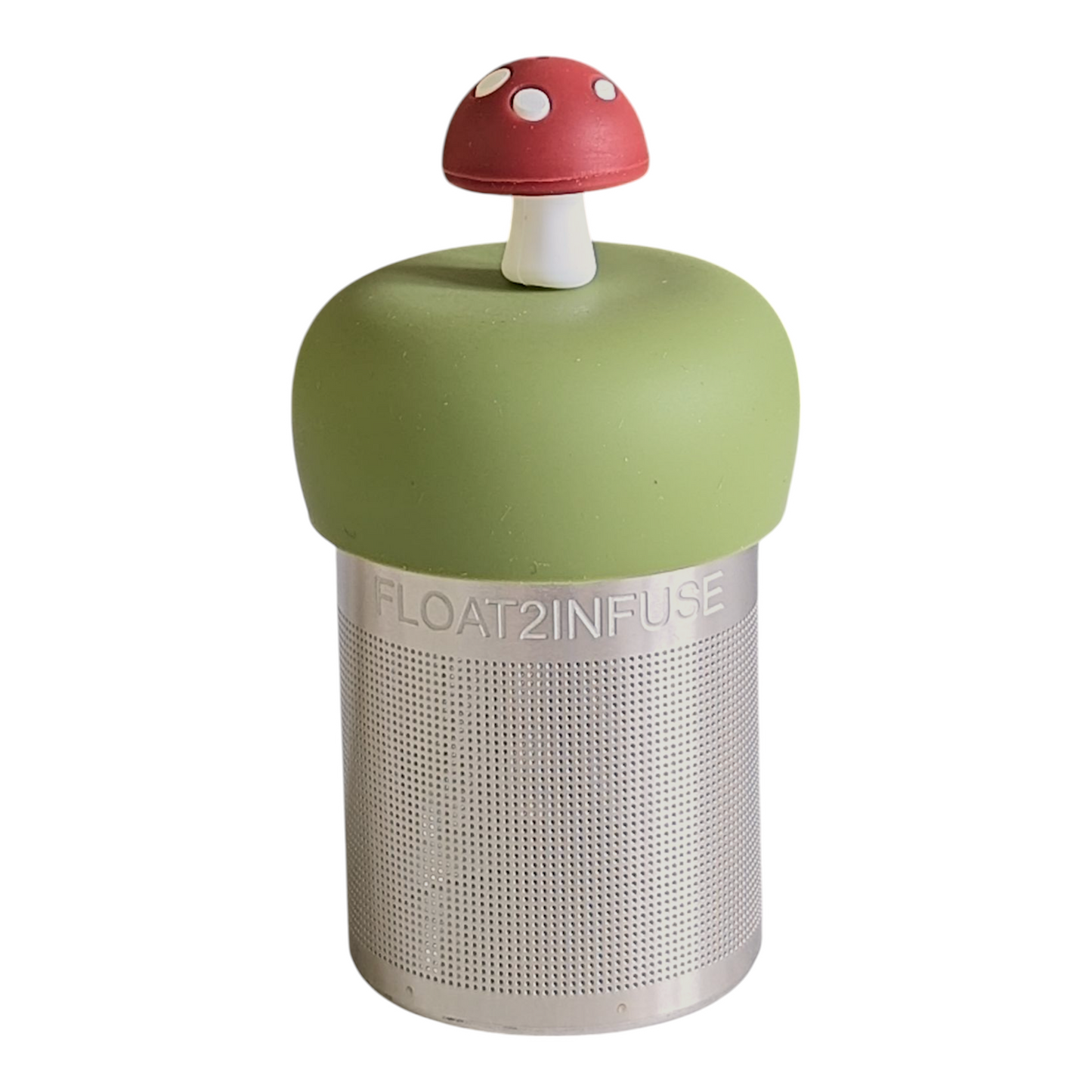 brown mushroom tea infuser for loose leaf tea with a fine mesh stainless steel tea strainer that reads FLOAT2INFUSE on a green base with a white background