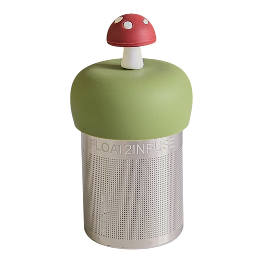 brown mushroom tea infuser for loose leaf tea with a fine mesh stainless steel tea strainer that reads FLOAT2INFUSE on a green base with a white background