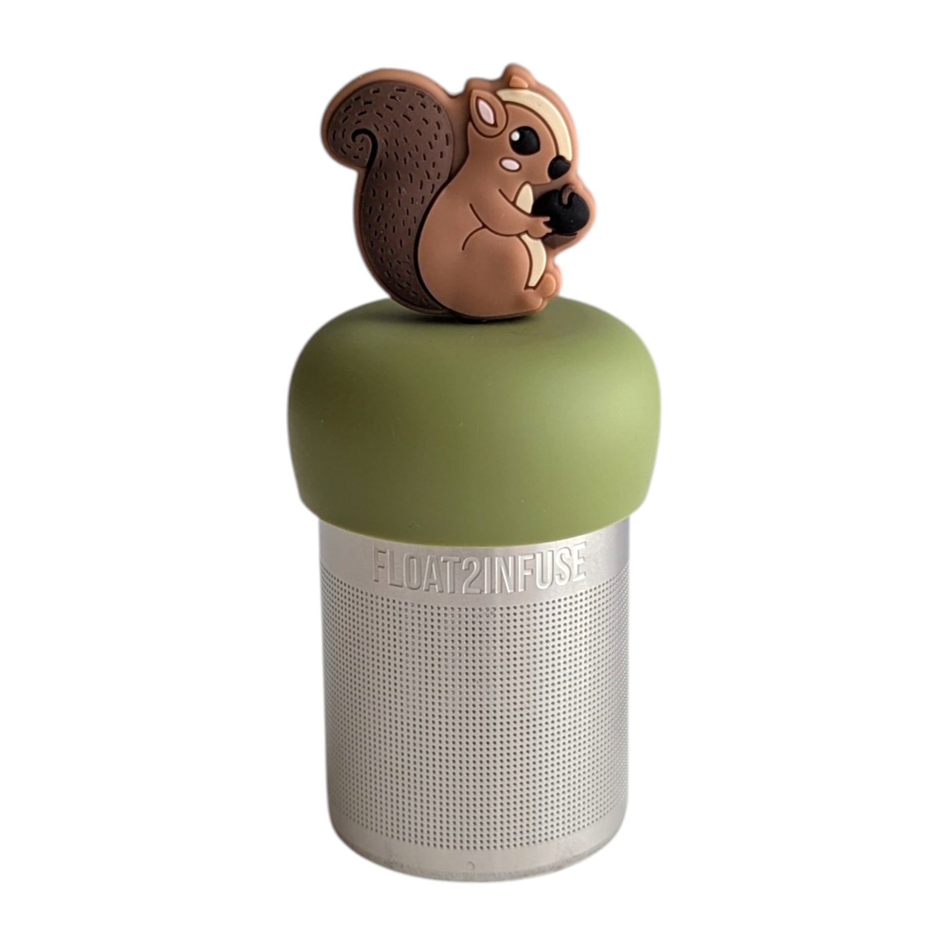 Brown squirrel holding an acorn tea infuser for loose leaf tea with a fine mesh stainless steel tea strainer 
that reads FLOAT2INFUSE on a green base with a white background
