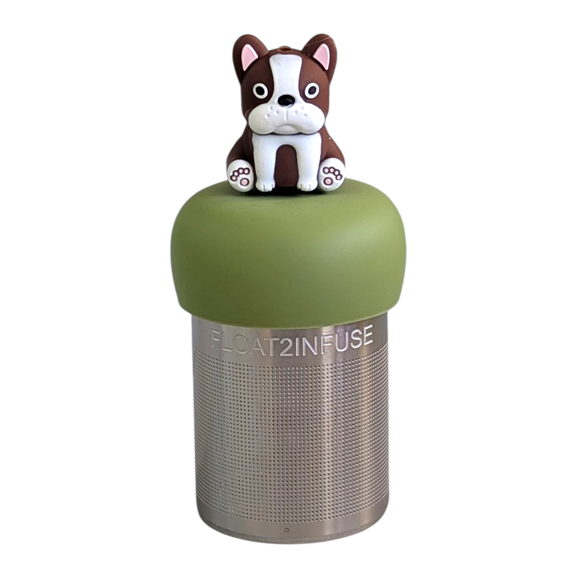 white and brown terrier dog tea infuser  for loose leaf tea with fine mesh stainless steel tea strainer that reads FLOAT2INFUSE on a green base with a white background
