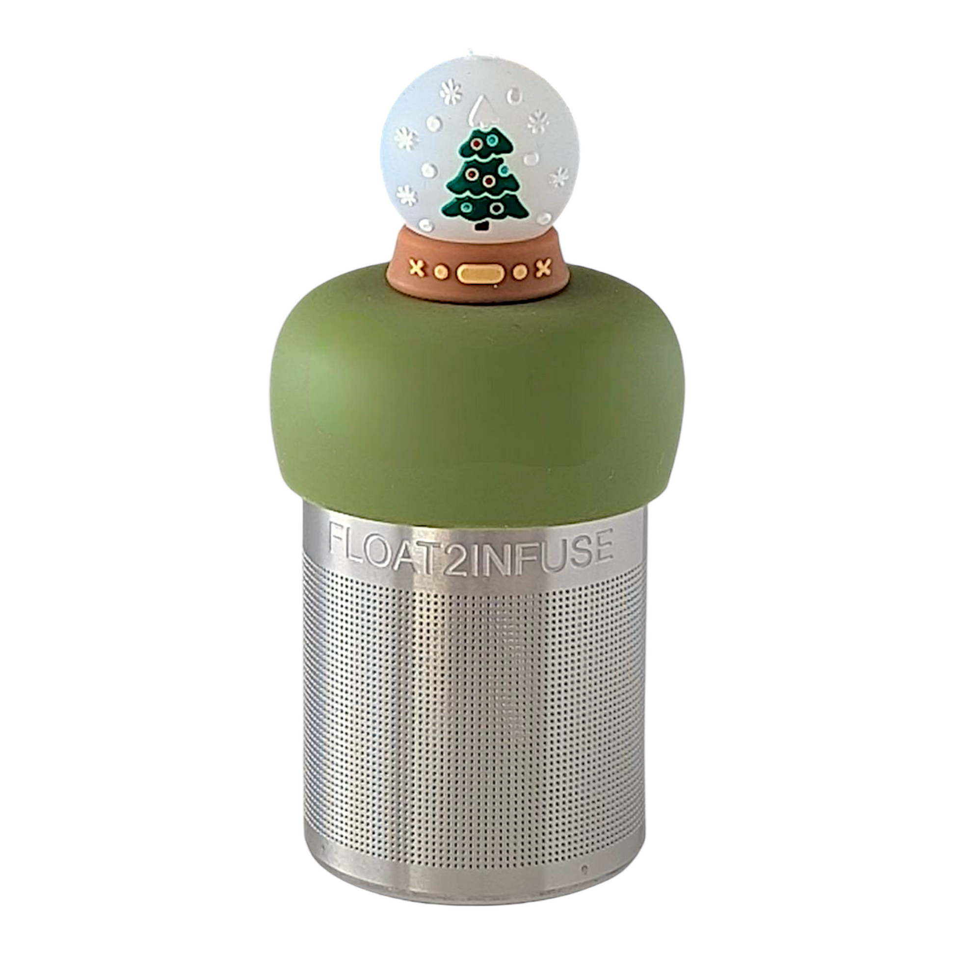 snowglobe with a christmas tree inside for loose leaf tea with fine mesh stainless steel tea strainer that reads FLOAT2INFUSE on a green base with a white background