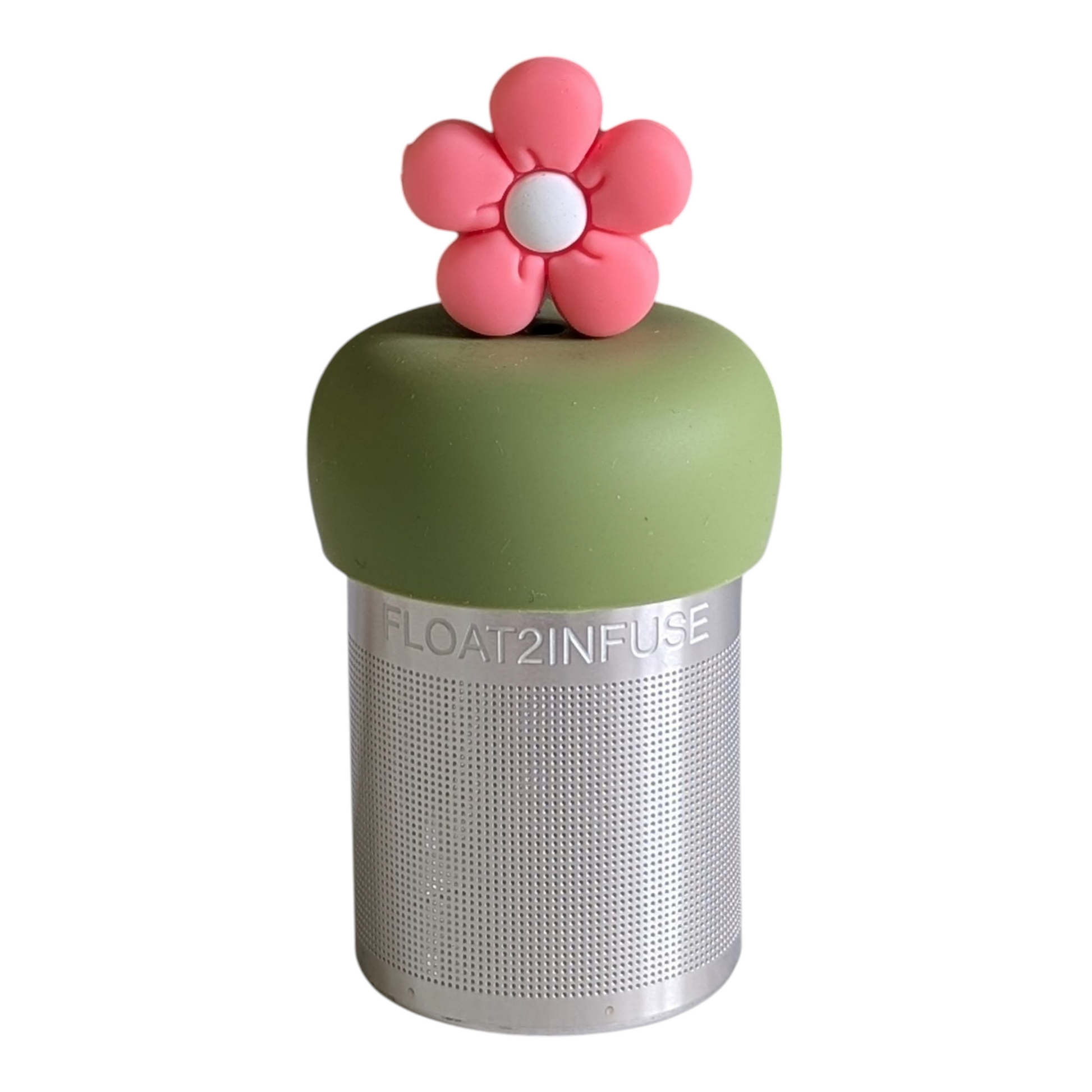 pink daisy with white center tea infuser for loose leaf tea with fine mesh stainless steel tea strainer that reads FLOAT2INFUSE on a green base with a white background