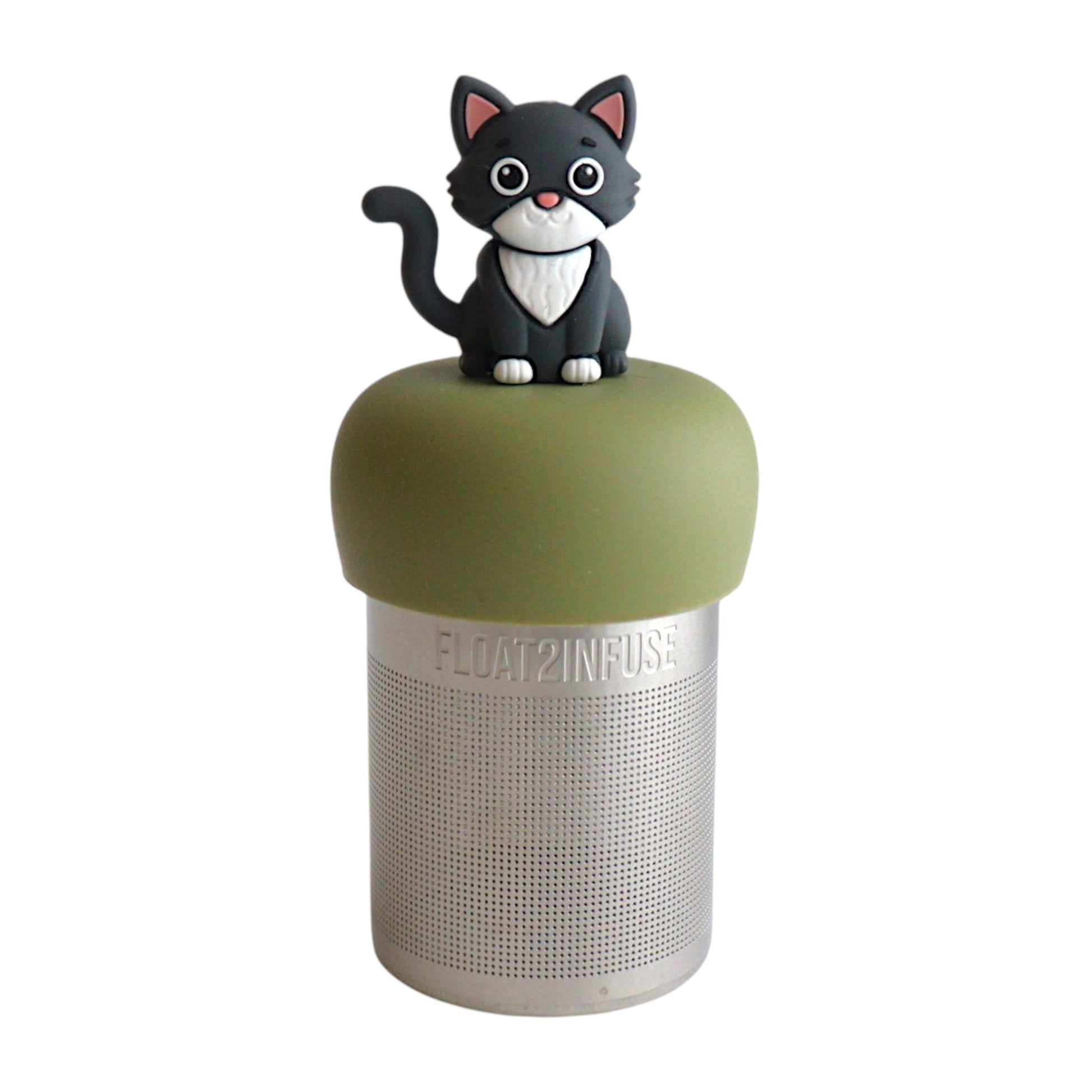 grey and white cat animal tea infuser for loose leaf tea with a fine mesh stainless steel tea infuser that reads FLOAT2INFUSE on a green base with a white background