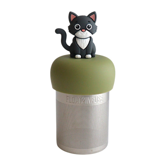 grey and white cat animal tea infuser for loose leaf tea with a fine mesh stainless steel tea infuser that reads FLOAT2INFUSE on a green base with a white background