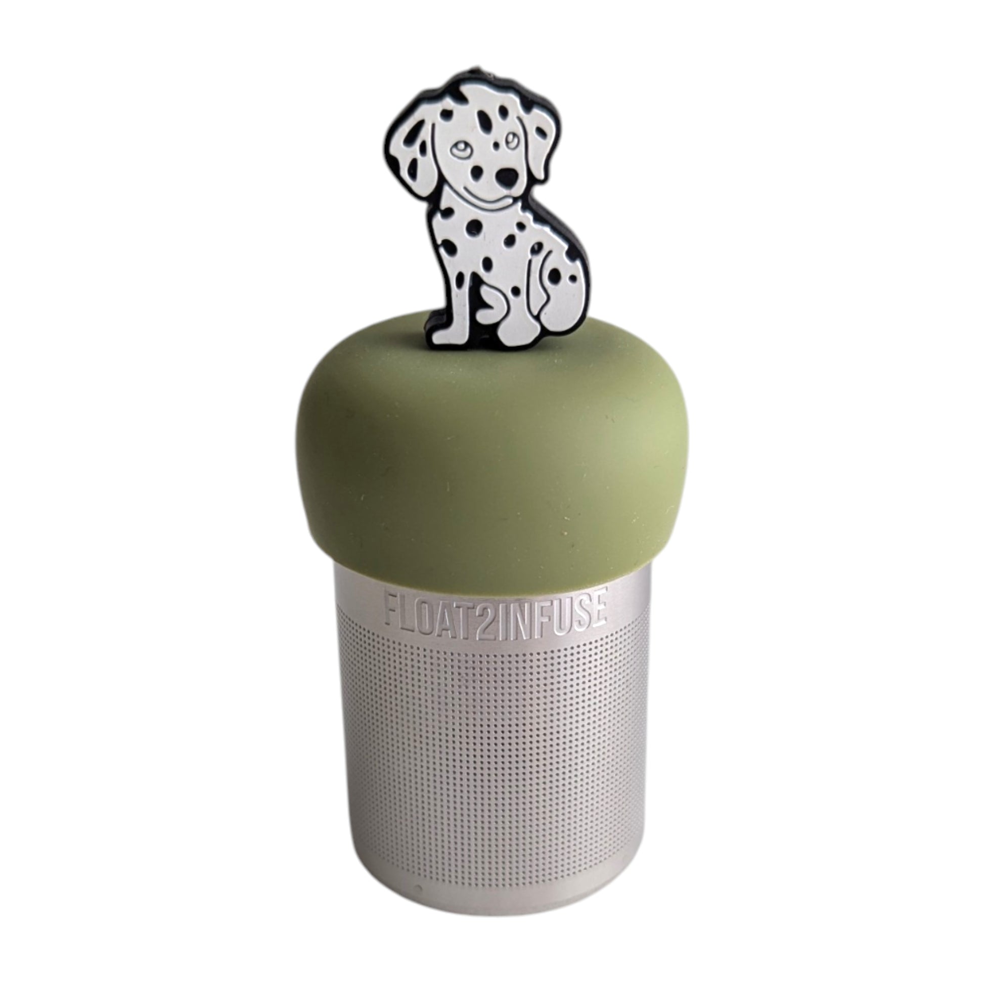 White dalmatian with black spots tea infuser  for loose leaf tea with a fine mesh stainless steel tea strainer that reads FLOAT2INFUSE on a green base with a white background