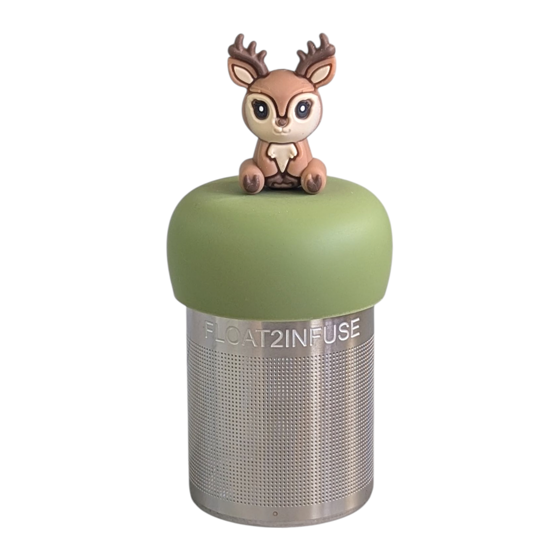 happy brown and beige deer tea infuser  for loose leaf tea with fine mesh stainless steel tea strainer that reads FLOAT2INFUSE on a green base with white background