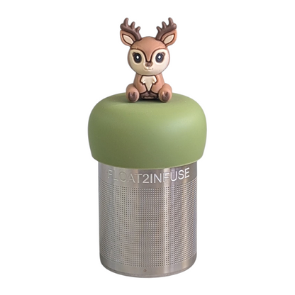happy brown and beige deer tea infuser  for loose leaf tea with fine mesh stainless steel tea strainer that reads FLOAT2INFUSE on a green base with white background