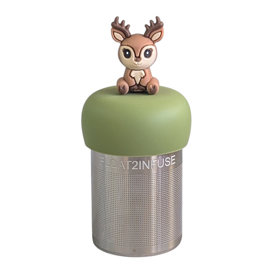 happy brown and beige deer tea infuser  for loose leaf tea with fine mesh stainless steel tea strainer that reads FLOAT2INFUSE on a green base with white background