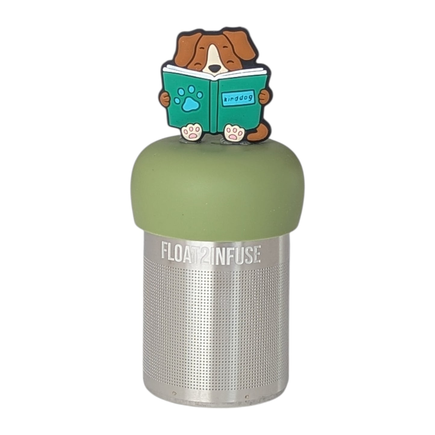 Brown dog sitting holding green book tea infuser  for loose leaf tea with a fine mesh stainless steel tea strainer that reads FLOAT2INFUSE on a green base with a white background