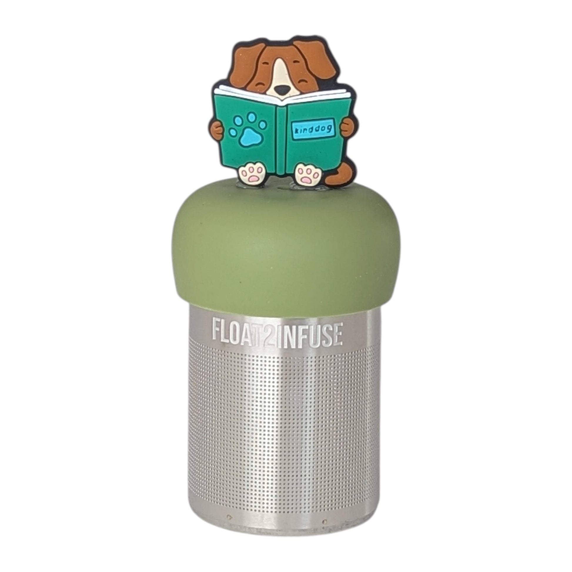 Brown dog sitting holding green book tea infuser  for loose leaf tea with a fine mesh stainless steel tea strainer that reads FLOAT2INFUSE on a green base with a white background
