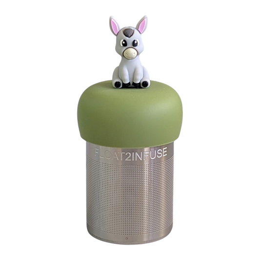 grey donkey tea infuser  for loose leaf tea with fine mesh stainless steel tea strainer that reads FLOAT2INFUSE on a green base with a white background