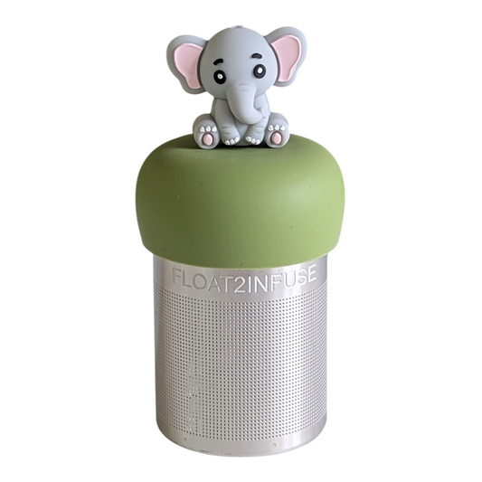 cute grey elephant tea infuser for loose leaf tea with a fine mesh stainless steel tea strainer that reads FLOAT2INFUSE on a green base with a white background